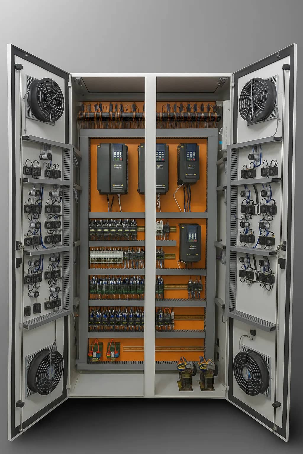Open Motor Control Centre panel showing compartmentalized feeders, control wiring and switchgear components