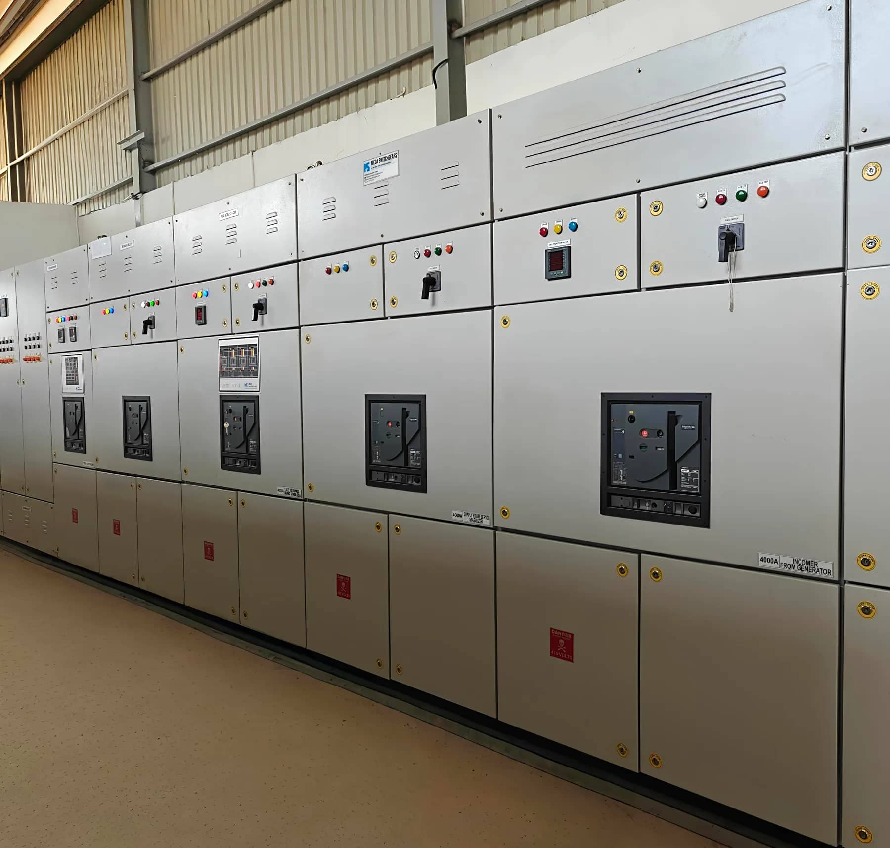 Assembled power control centre panels on the shop floor